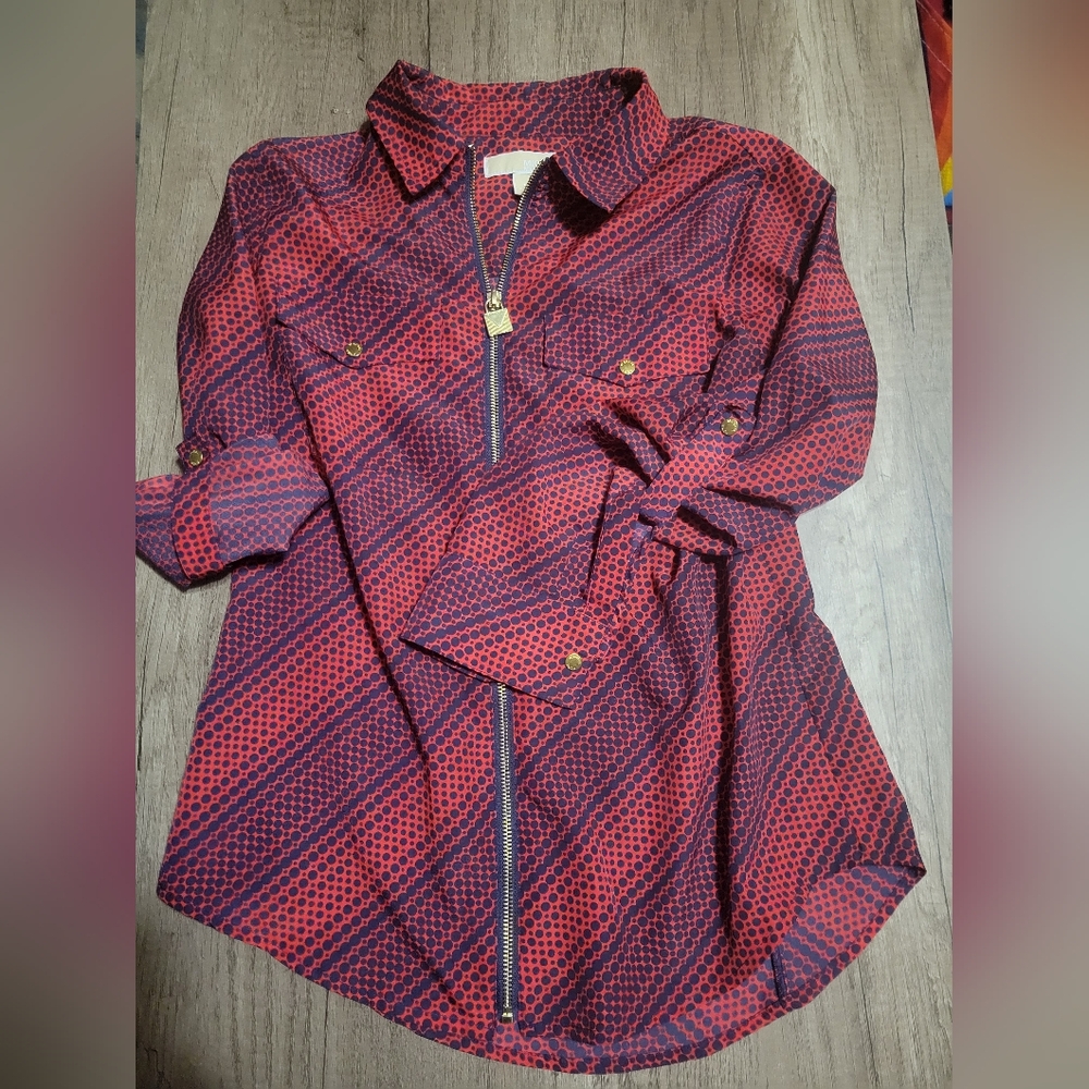 Michael Kors Red and Navy Polka Dot Zip-Up Shirt